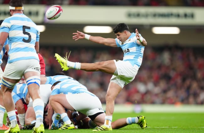 Argentina's Simon Benitez Cruz clears the ball against Wales.