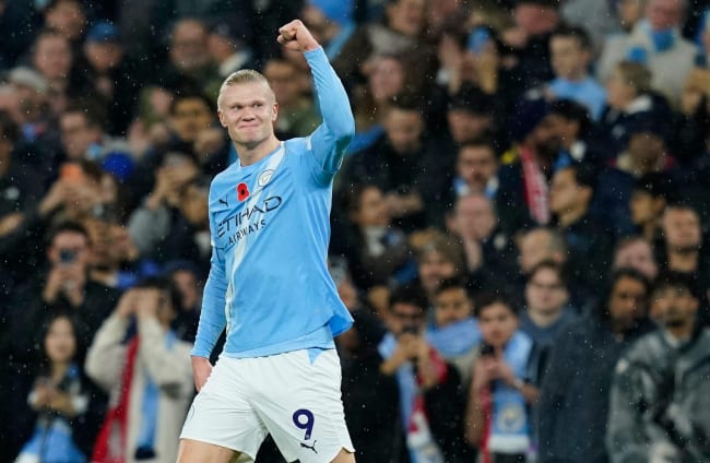 Erling Haaland after scoring a goal against Liverpool.