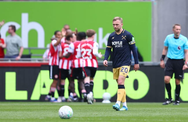 Jarrod Bowen of West Ham United looks dejected after Igor Thiago of Brentford scores.