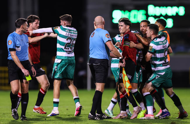 Dawson Devoy (right) of Bohemians involved in the post-match confrontation.