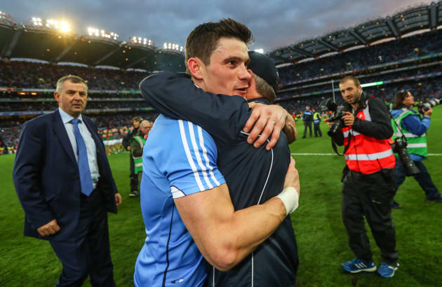 Diarmuid Connolly and Jim Gavin celebrate last October's All-Ireland final win.